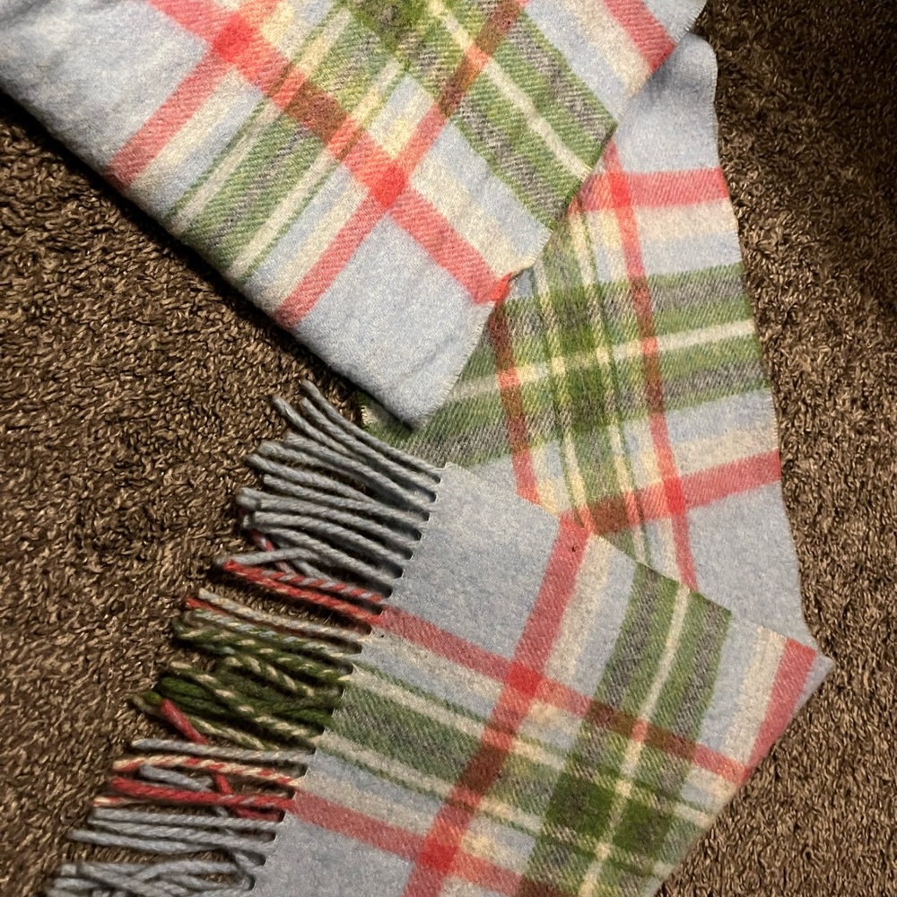Irish wool scarf, pretty colors, light blue, red , green, etc